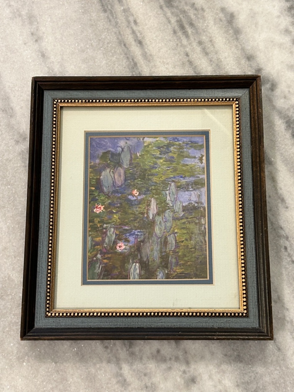 Vintage Wood Frame Double Mat 4x5in French Blue Gold Brown